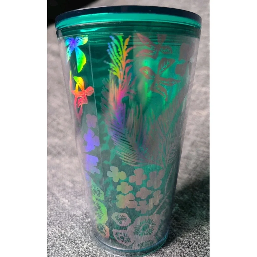 Starbucks 2022 Summer Grande 16oz‎ Silver Green Foliage Tumbler No Straw
